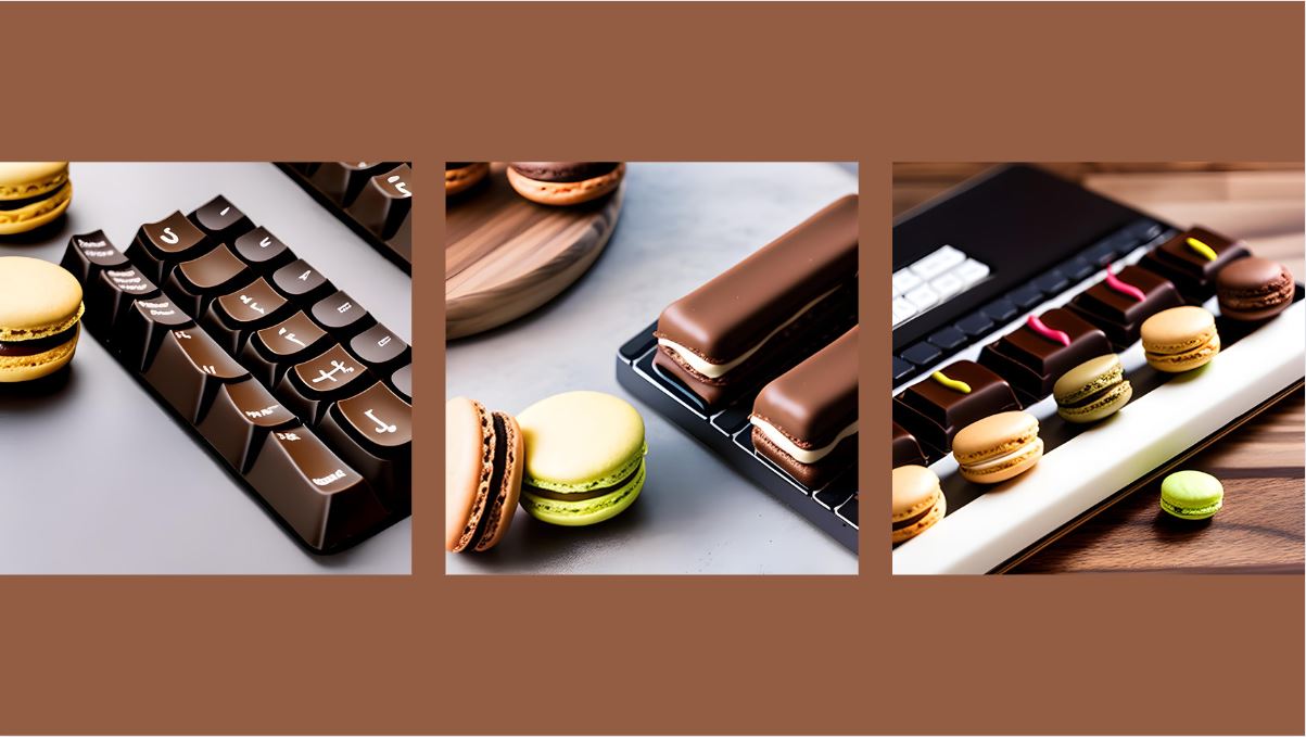 image générée par l'IA Canva : Un clavier d'ordinateur prenant vie avec des éclairs au chocolat en guise de touches, et des macarons sautillant joyeusement à côté.